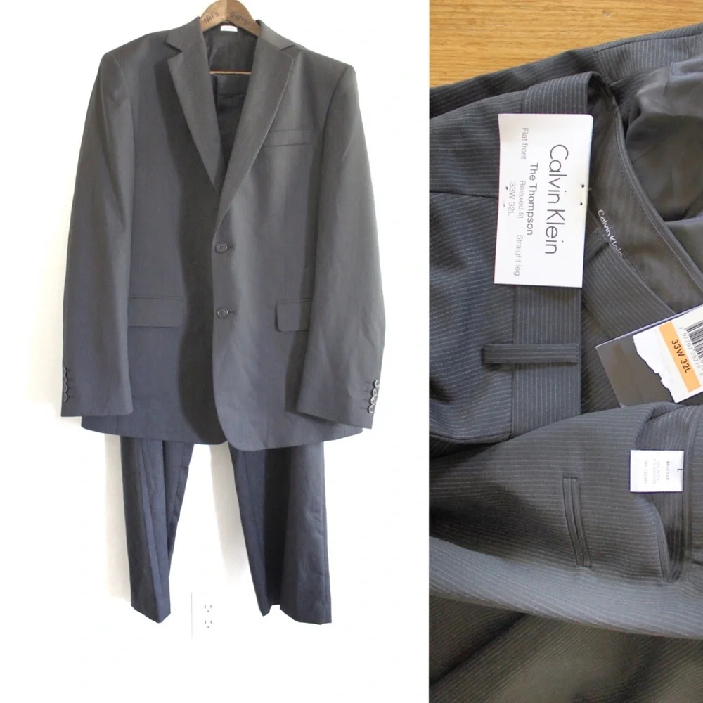 Calvin Klein Stripe Suit Large Jacket and Thompson Pants 33 x 32 NWT